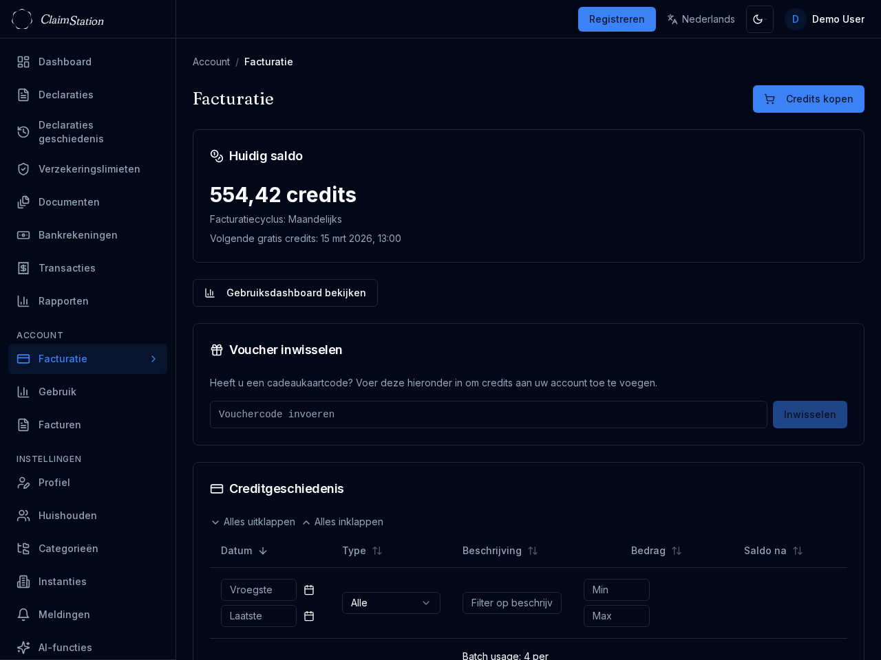 ClaimStation factureringspagina